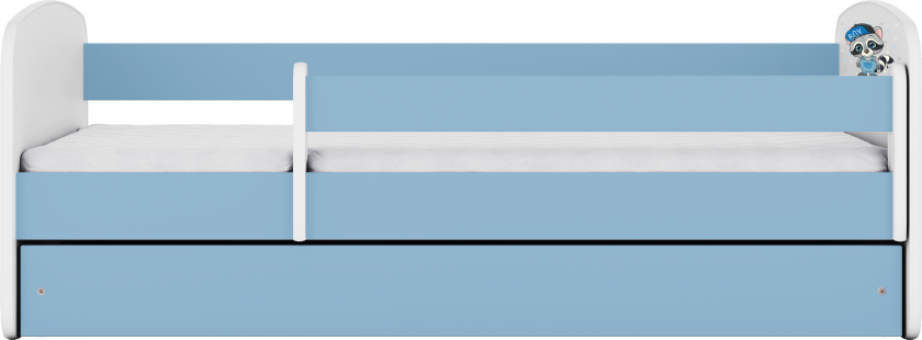 Babydreams juniorseng med vaskebjørn, med madrass, sengehest og skuff - hvit og blå laminat (140x70)