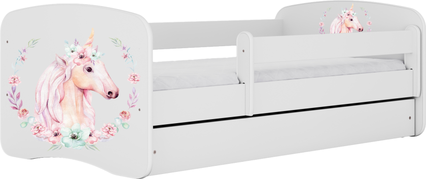 Babydreams juniorseng med hest, med madrass, sengehest og skuff - hvit laminat (140x70)