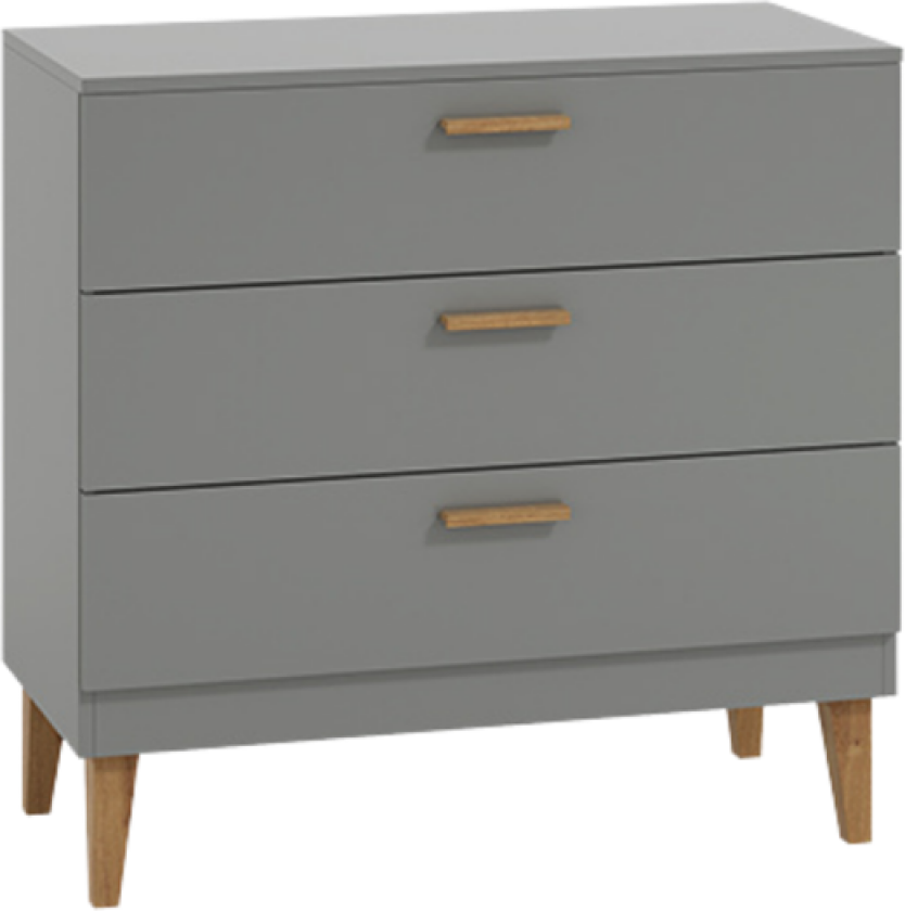 Kubi barnekommode, m. 3 skuffer - grå sponplater og naturlig eik