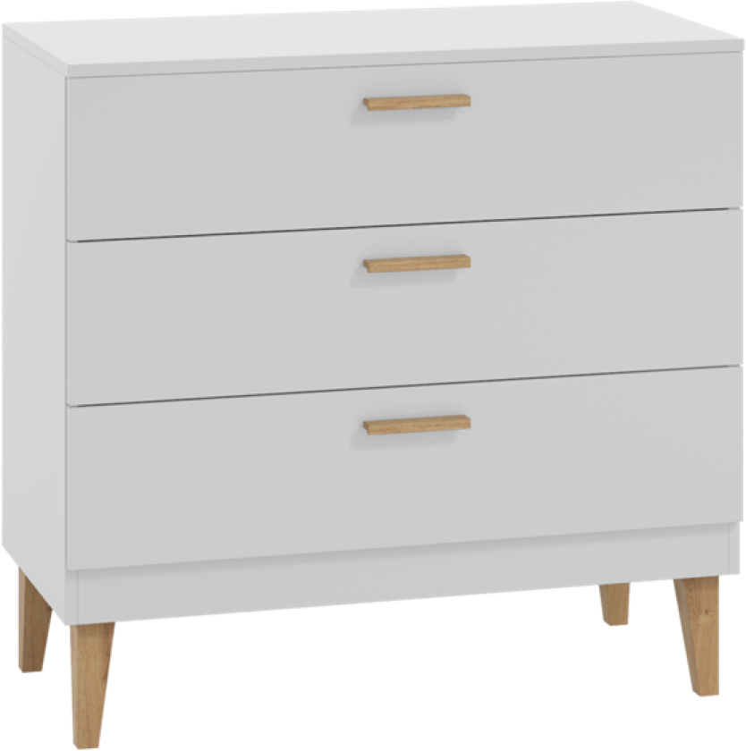 Kubi barnekommode, m. 3 skuffer - hvit sponplate og naturlig eik