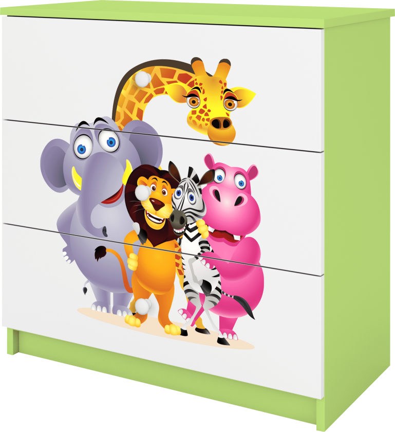 Babydreams barnekommode med dyrehagedyr, m. 3 skuffer - hvit og grønn laminat