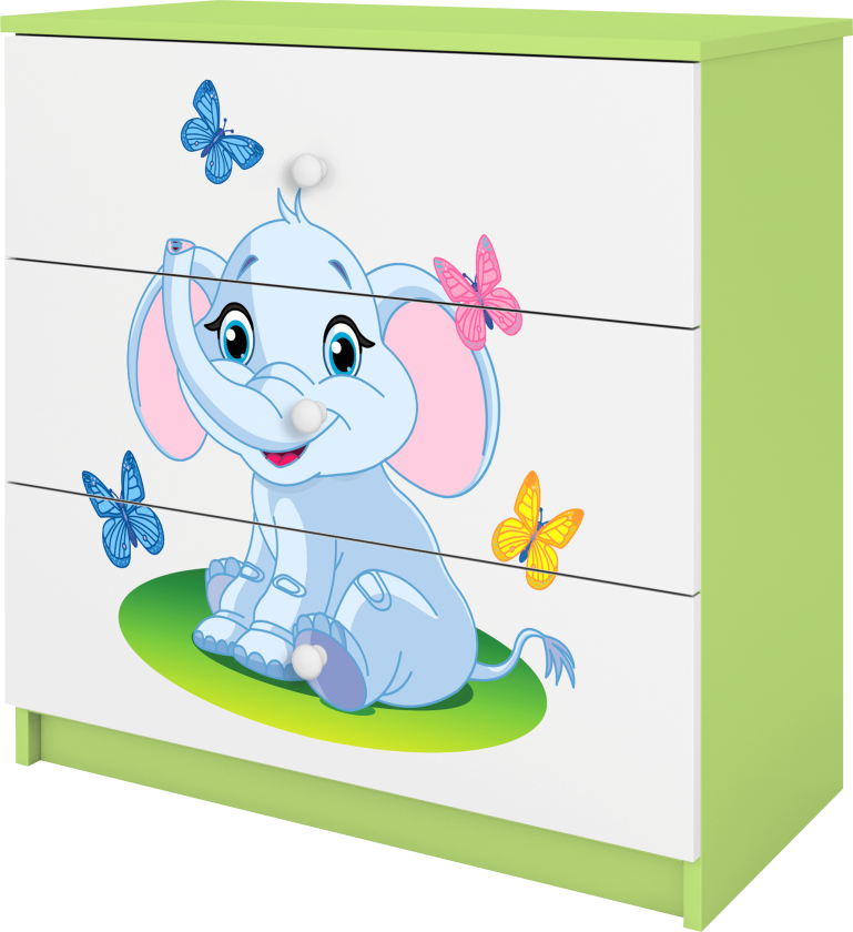 Babydreams barnekommode med elefant og sommerfugler, m. 3 skuffer - hvit og grønn laminat