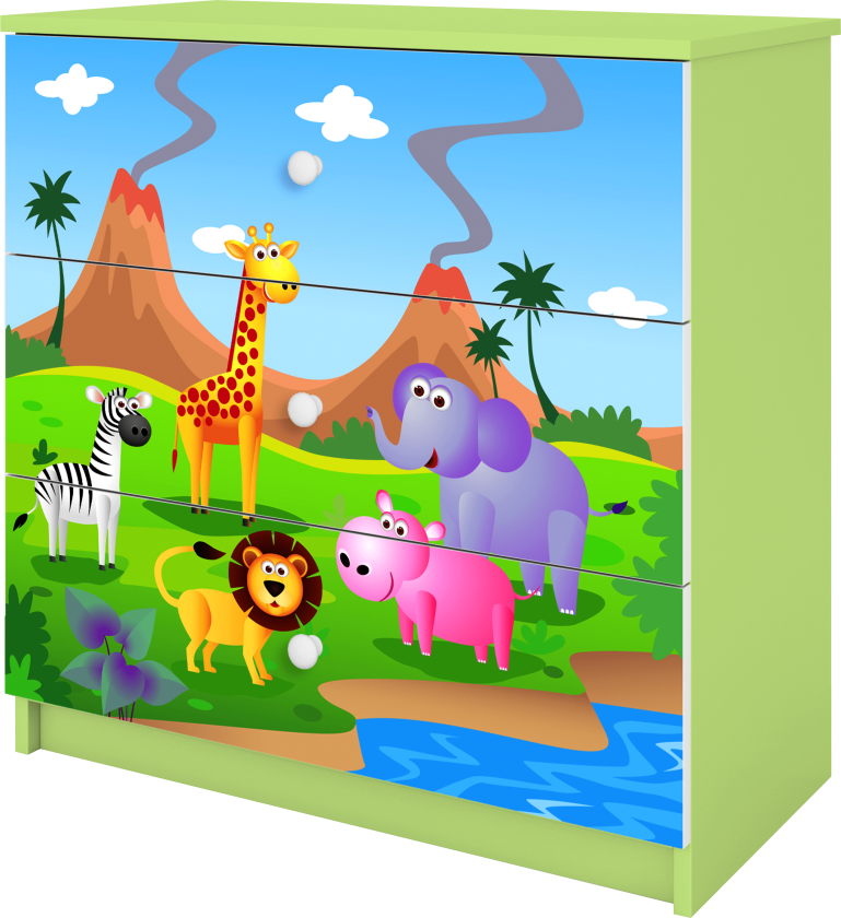 Babydreams barnekommode med safaridyr, m. 3 skuffer - flerfarget og grønn laminat