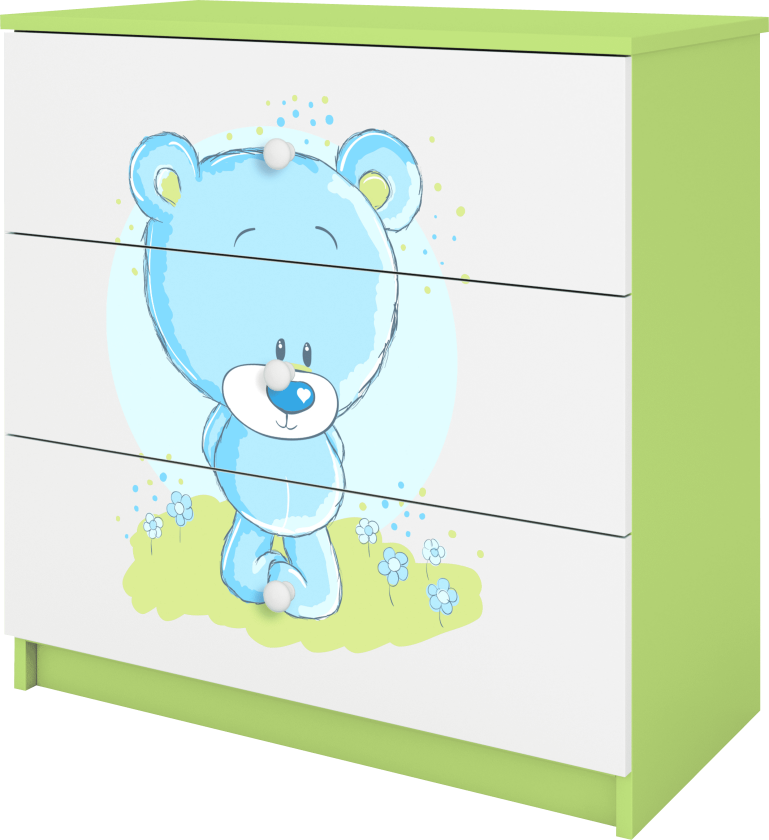 Babydreams barnekommode med blå bamse, m. 3 skuffer - hvit og grønn laminat