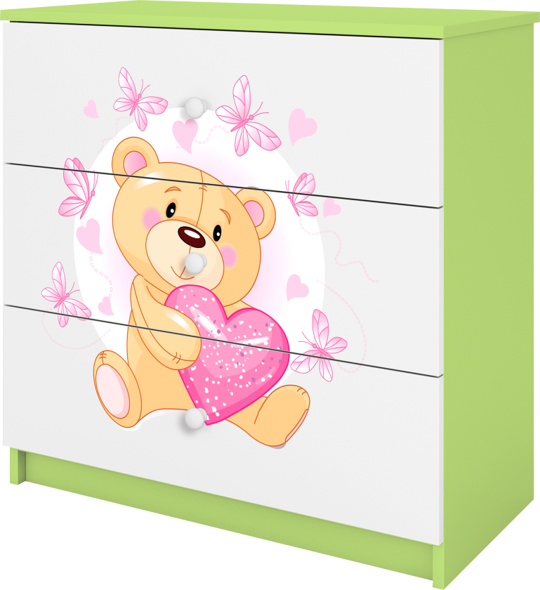 Babydreams barnekommode med bamse med sommerfugler, m. 3 skuffer - hvit og grønn laminat