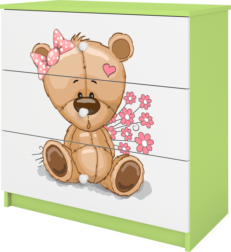 Babydreams barnekommode med bamse med blomster, m. 3 skuffer - hvit og grønn laminat