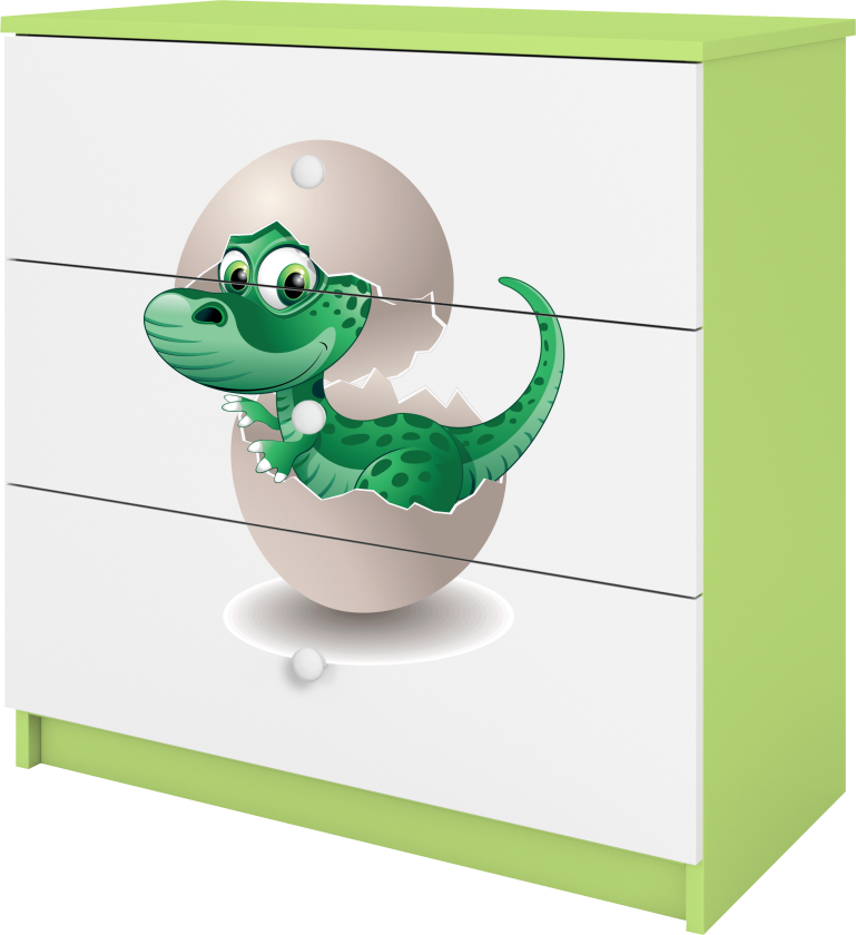 Babydreams barnekommode med liten dino, m. 3 skuffer - hvit og grønn laminat