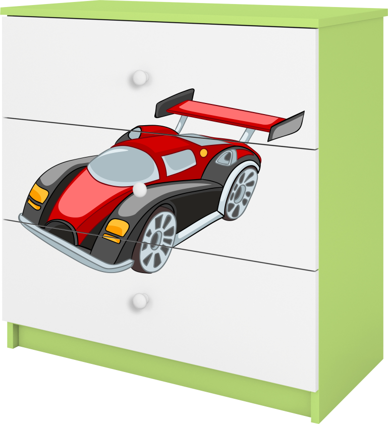 Babydreams barnekommode med racerbil, m. 3 skuffer - hvit og grønn laminat