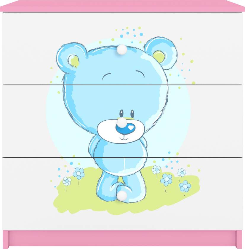 Babydreams barnekommode med blå bamse, m. 3 skuffer - hvit og rosa laminat