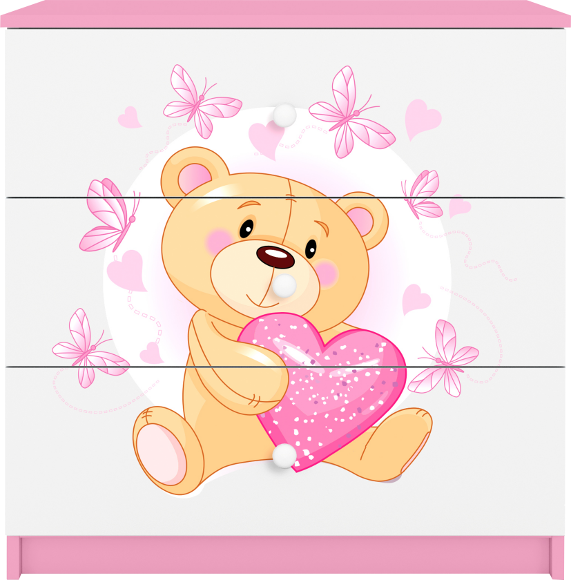 Babydreams barnekommode med bamse med sommerfugler, m. 3 skuffer - hvit og rosa laminat