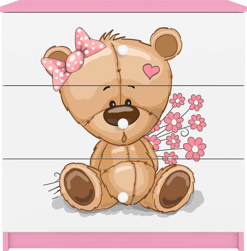 Babydreams barnekommode med bamse med blomster, m. 3 skuffer - hvit og rosa laminat