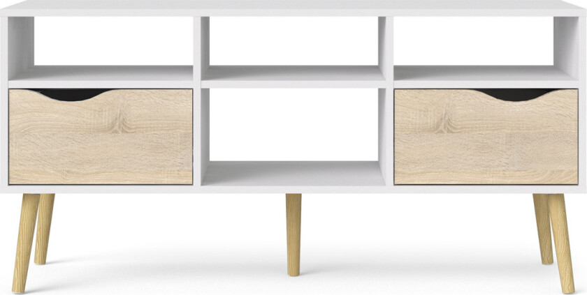 TVILUM Delta TV-bord - hvit-/eikstruktur, m. 2 skuffer og 4 rom