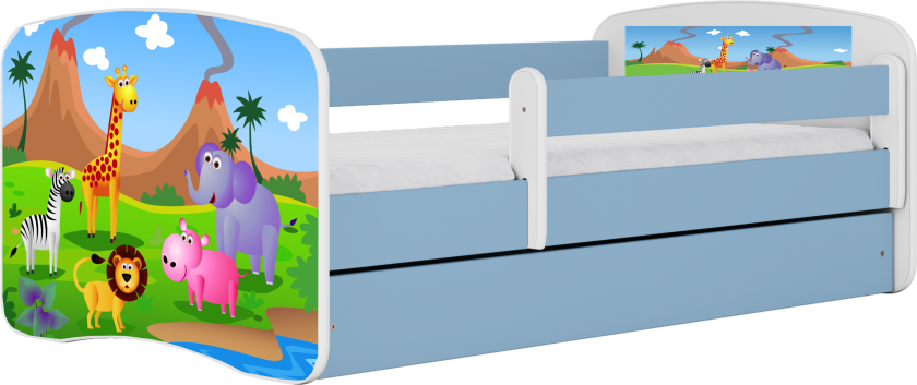 Babydreams juniorseng med safaridyr, med madrass, sengehest, skuff - hvit og blå laminat (140x70)