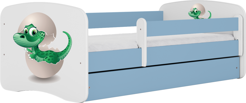 Babydreams juniorseng med liten dino, m. madrass, sengehest, skuff - hvit og blå laminat (180x80)