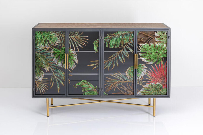 KARE DESIGN Jungle skjenk, m. 4 dører - flerfarget glass, brun finer og stål (135x95)