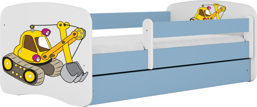 Babydreams juniorseng med gravemaskin, m. madrass, sengehest, skuff - hvit og blå laminat (140x70)