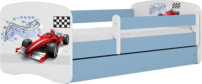 Babydreams juniorseng med racerbil, med madrass, sengehest, skuff - hvit og blå laminat (160x80)