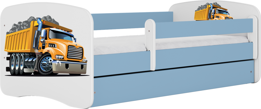 Babydreams juniorseng med lastebil, m. madrass, sengehest, skuff - hvit og blå laminat (140x70)
