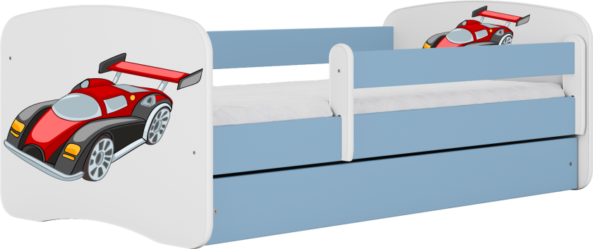 Babydreams juniorseng med racerbil, med madrass, sengehest, skuff - hvit og blå laminat (160x80)