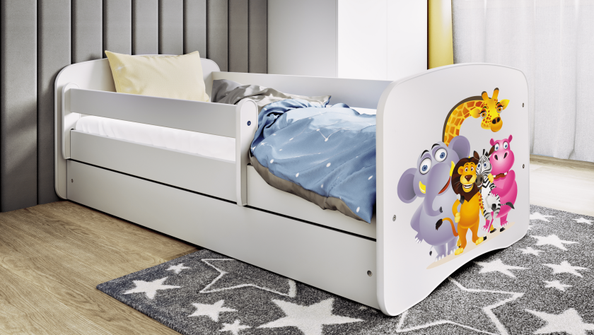 Babydreams juniorseng med Zoo-dyr, med madrass, sengehest, skuff - hvit laminat (160x80)
