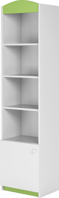 Klassisk barnebokhylle, m. 1 dør og 4 hyller - hvit og grønn laminat og MDF