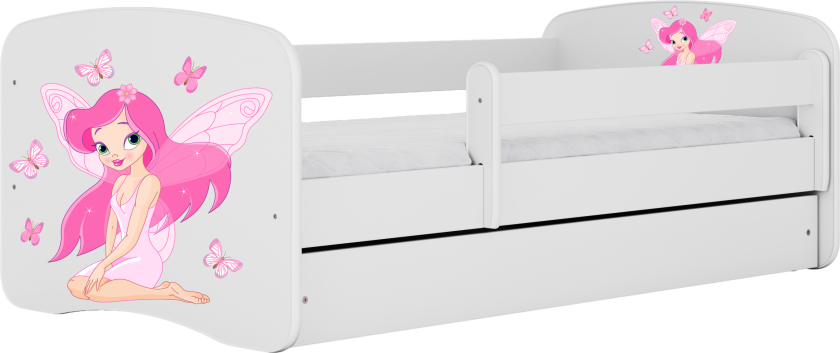 Babydreams juniorseng med fe med sommerfugler, med madrass, sengehest, skuff - hvit laminat (160x80)