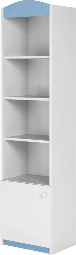 Klassisk barnebokhylle, m. 1 dør og 4 hyller - hvit og blå laminat og MDF