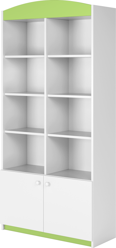 Babydreams barnebokhylle, m. 2 dører og 8 hyller - hvit og grønn laminat