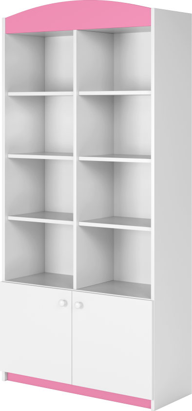 Babydreams barnebokhylle, m. 2 dører og 8 hyller - hvit og rosa laminat