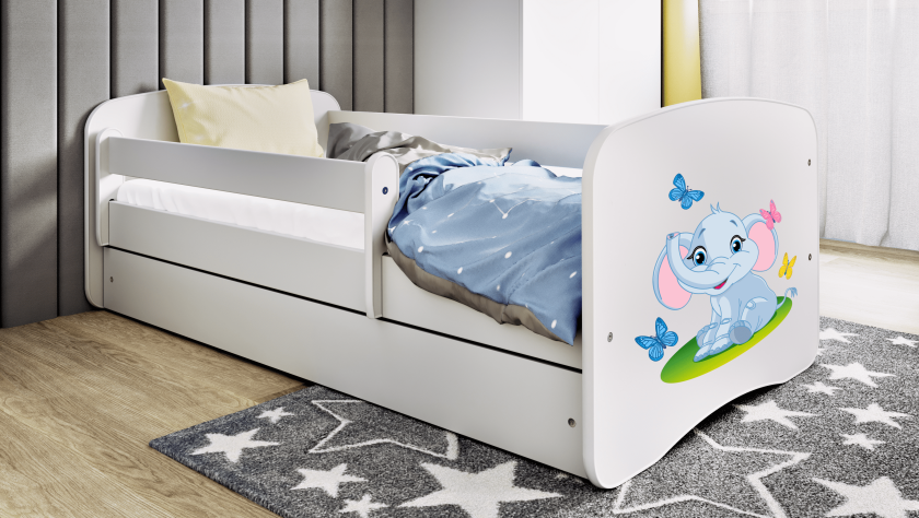 Babydreams juniorseng med elefant, m. madrass, sengehest, skuff - hvit laminat (160x80)