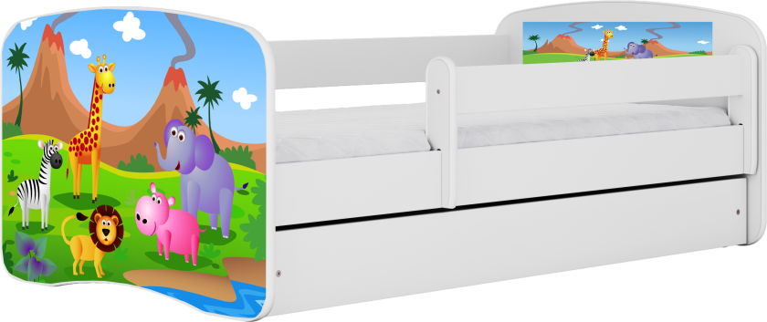 Babydreams juniorseng med safaridyr, med madrass, sengehest, skuff - hvit laminat (160x80)