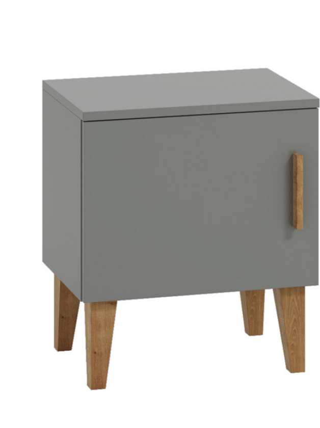 Kubi nattbord for barn, m. 1 dør og 1 hylle - grå sponplater og eik (50x34)