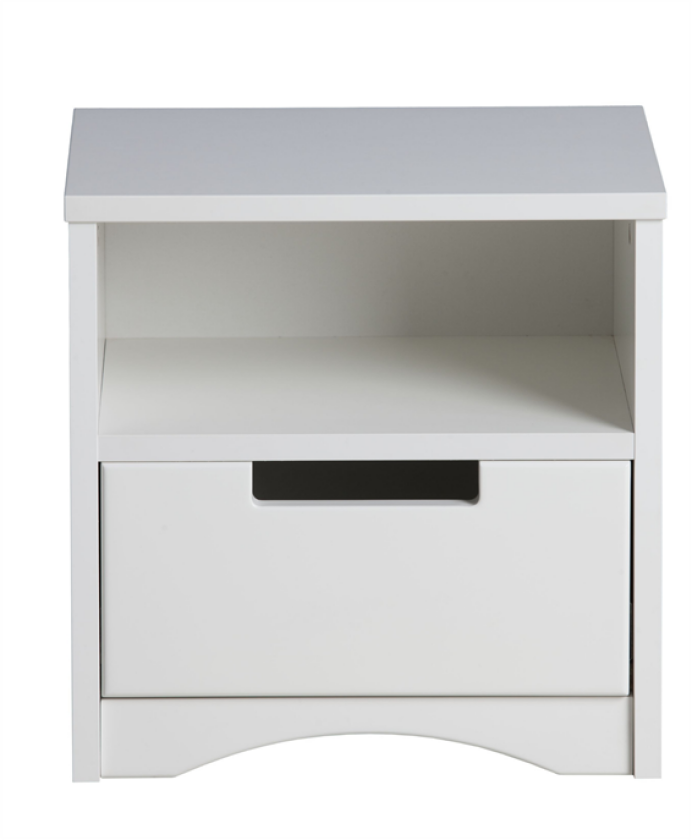 Klassisk nattbord for barn, m. 1 rom og 1 skuff - hvit laminat og MDF (39,5x30,5)