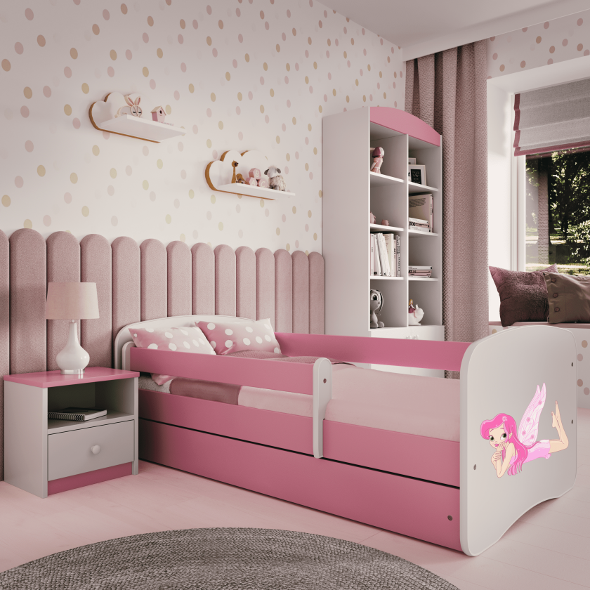 Babydreams juniorseng med fe med vinger, med madrass, sengehest, skuff - hvit/rosa laminat (180x80)
