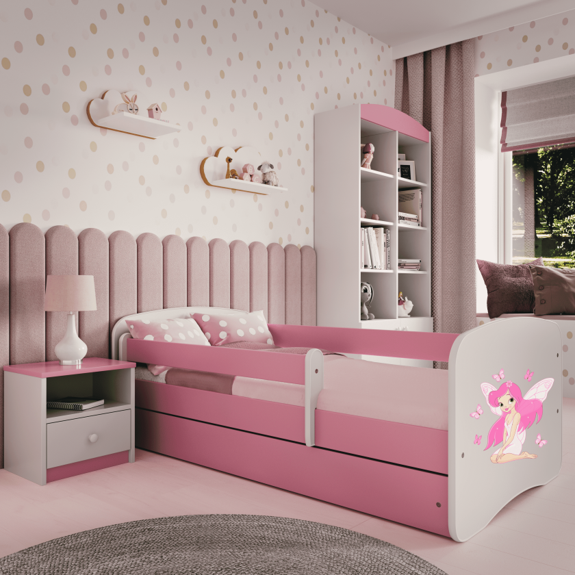 Babydreams juniorseng fe/sommerfugl, med madrass, sengehest, skuff - hvit/rosa laminat (180x80)