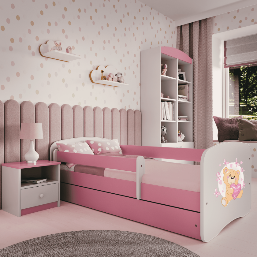 Babydreams juniorseng bamse/sommerfugler, med madrass, sengehest, skuff - hvit/rosa laminat (140x70)