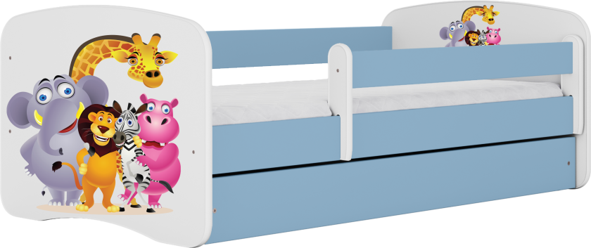 Babydreams juniorseng med Zoo-dyr, med madrass, sengehest, skuff - hvit og blå laminat (140x70)