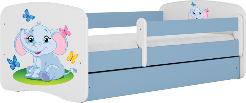 Babydreams juniorseng med elefant, m. madrass, sengehest, skuff - hvit og blå laminat (160x80)