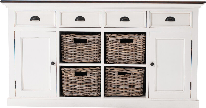 NOVASOLO Halifax skjenk, m. 4 kurver, 2 dører og 4 skuffer - hvit mahogni, antikk messing og rotting