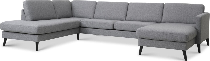 Asksett 54 U OE sofa, med venstre sjeselong - lys granittgrå polyesterstoff og sort tre