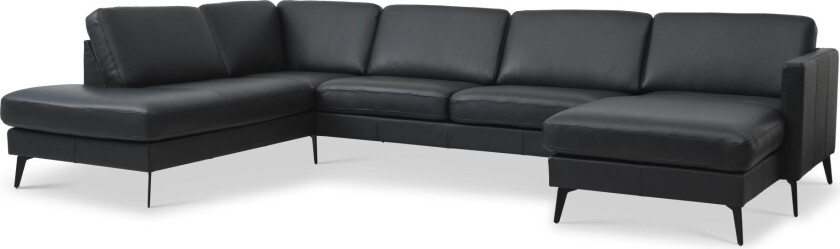 Asksett 54 U OE sofa, med venstre sjeselong - svart semianilinskinn og Eiffel-ben