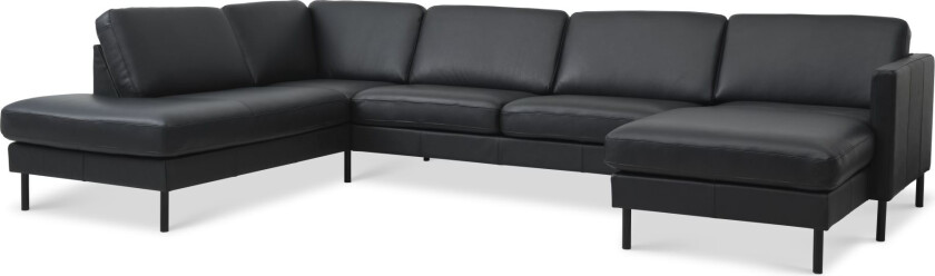 Asksett 54 U OE sofa, med venstre sjeselong - svart semianilinskinn og svart metall