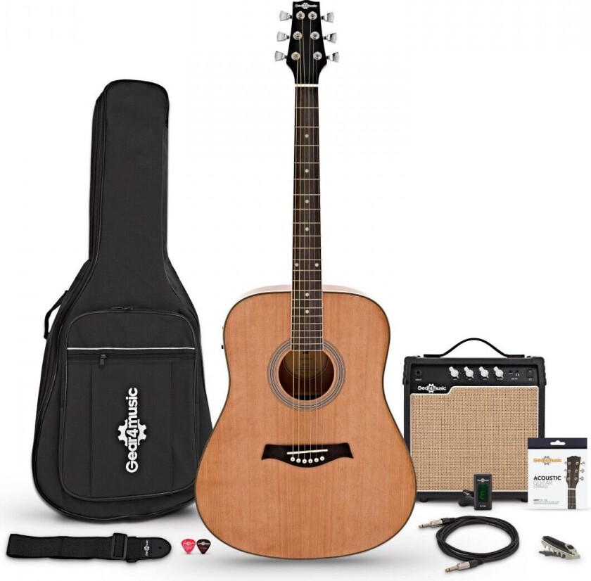Gear4Music Dreadnought Elektroakustisk Gitar + 15W Forsterkerpakke