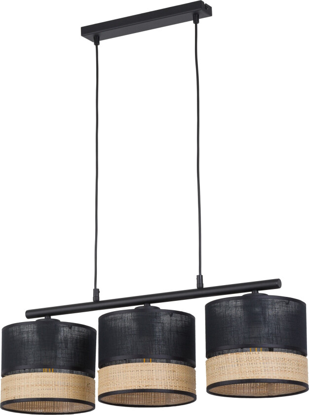 Paglia taklampe, m. 3 skjermer - svart stoff og naturlig flettet