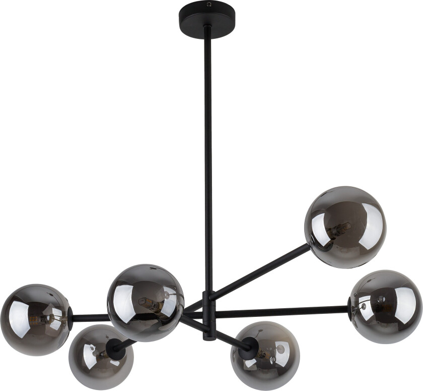 Sarius taklampe, høy, m. 6 skjermer - grafittgrått glass og sort metall