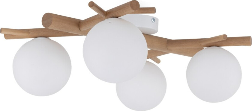 Sheron taklampe, m. 4 skjermer - opalt glass og naturlig tre