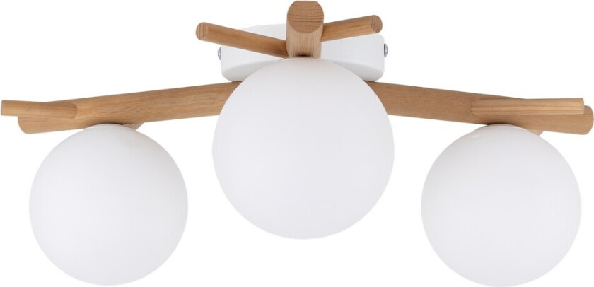 Sheron taklampe, m. 3 skjermer - opalt glass og naturlig tre