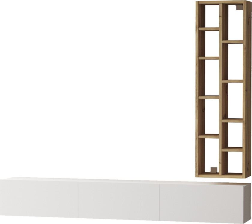 NORDVÄRK LV9 TV-bord og vegghylle, m. 3 dører - hvit og naturlig melamin