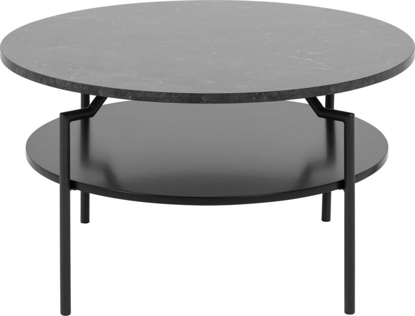 ACT NORDIC Goldington salongbord m. 1 hylle i sort MDF - sort melamin med marmortrykk og metall (Ø80)