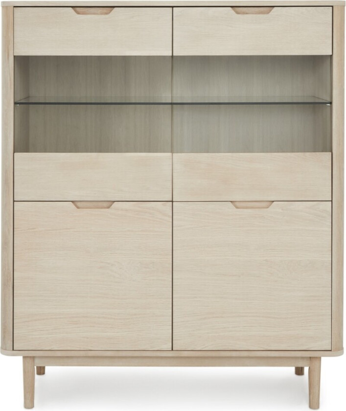 Nyborg høy skjenk, m. 4 dører og 3 hyller - glass, hvitoljet eikefiner, eik og tre